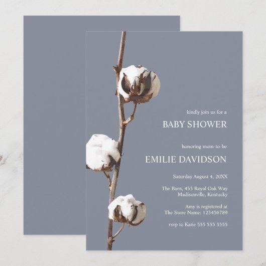 Dusty Blue Boho Cotton Floral Boy Baby shower Kaart (Voorkant / Achterkant)