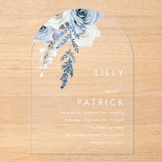 Dusty Blue Boho Floral Arch Wedding Acryl Uitnodigingen (Voorkant)