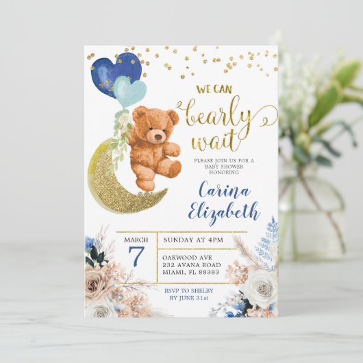Dusty Blue Boho Floral Barly Wait Baby shower Kaart (Staand voorkant)