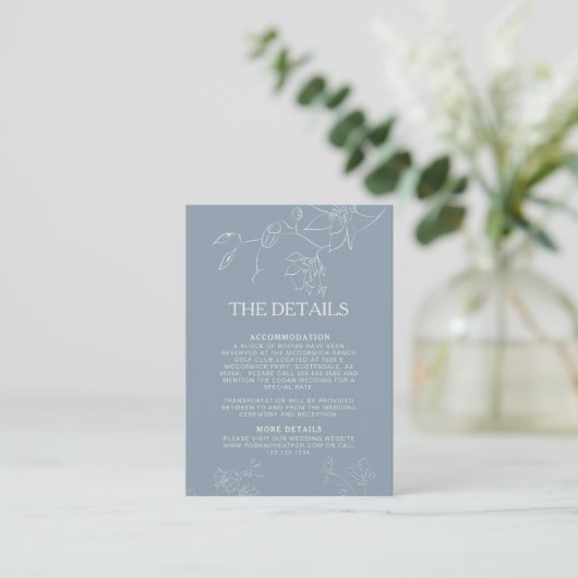 Dusty Blue Boho Floral Botanical Wedding Details Informatiekaartje (Staand voorkant)