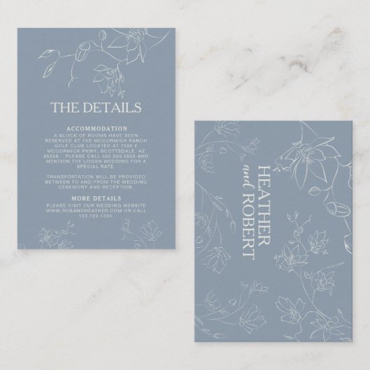 Dusty Blue Boho Floral Botanical Wedding Details Informatiekaartje (Voorkant / Achterkant)