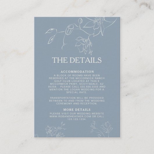 Dusty Blue Boho Floral Botanical Wedding Details Informatiekaartje (Voorkant)