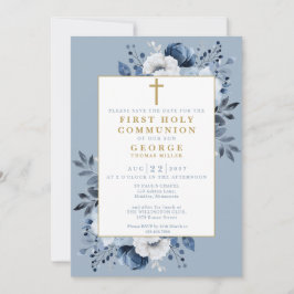 Dusty Blue Boho Floral Eerste Heilige Communie Save The Date