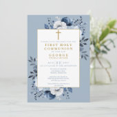 Dusty Blue Boho Floral Eerste Heilige Communie Save The Date (Staand voorkant)