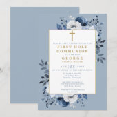 Dusty Blue Boho Floral Eerste Heilige Communie Save The Date (Voorkant / Achterkant)
