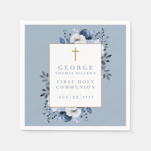 Dusty Blue Boho Floral Eerste Heilige Communie Servet (Voorkant)