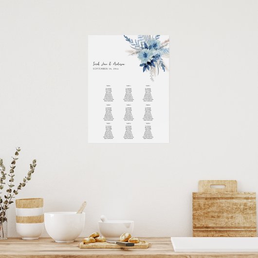 Dusty Blue Boho Floral Event Seine Chart 9 Poster (Keuken)