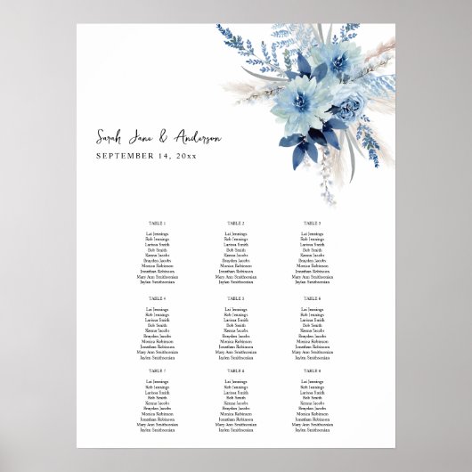 Dusty Blue Boho Floral Event Seine Chart 9 Poster (Voorkant)