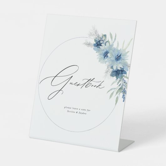 Dusty Blue Boho Floral Gastenboek Reclamebord Met Voetstuk (Voorkant)