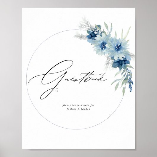 Dusty Blue Boho Floral Gastenboek teken Poster (Voorkant)