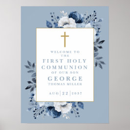 Dusty Blue Boho Floral Heilige Communie Welkomstbo Poster