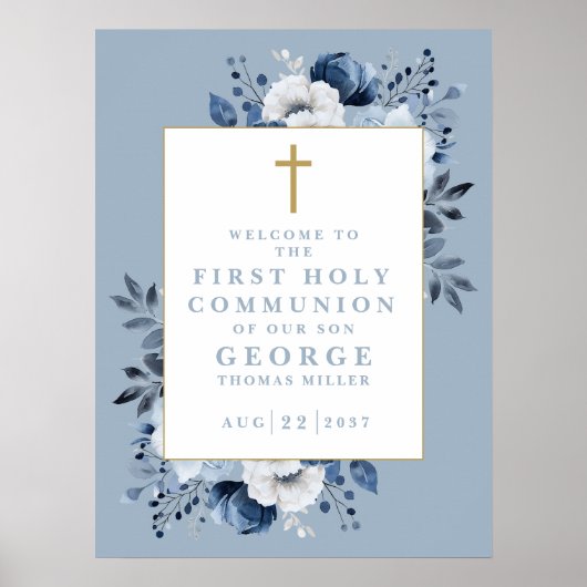 Dusty Blue Boho Floral Heilige Communie Welkomstbo Poster (Voorkant)