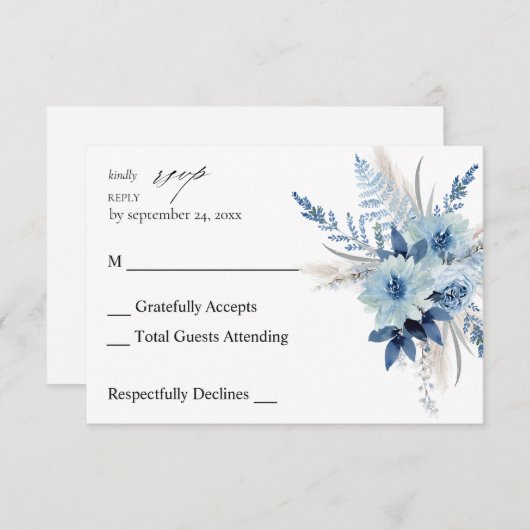 Dusty Blue Boho Floral no Meal RSVP (Voorkant / Achterkant)