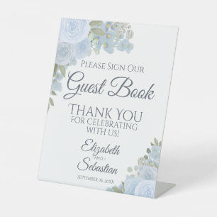 Dusty Blue Boho Floral Onderteken ons gastenboek Reclamebord Met Voetstuk