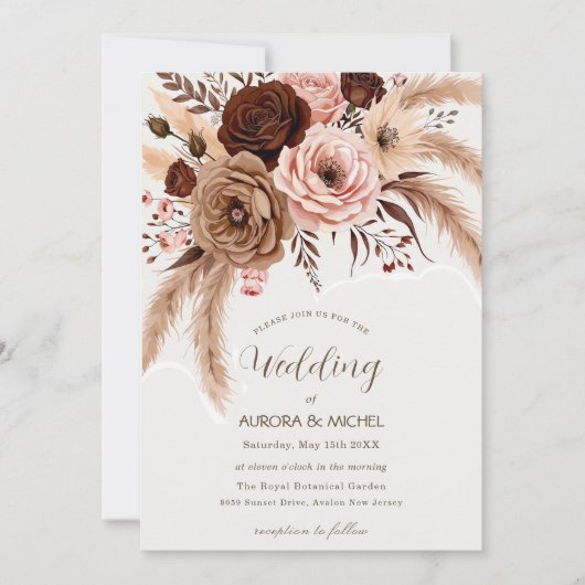 Dusty Blue Boho Floral Pampas Grass Wedding Kaart (Voorkant)