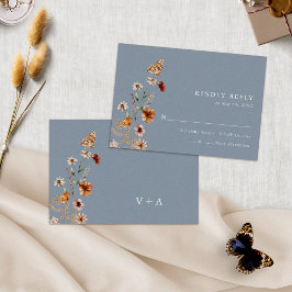 Dusty Blue Boho Floral RSVP Kaartje
