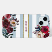Dusty Blue Boho Floral Stripe Monogram Case-Mate iPhone Case (Achterkant (horizontaal))