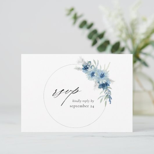 Dusty Blue Boho Floral w Meal RSVP Card (Staand voorkant)