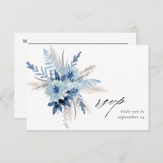 Dusty Blue Boho Floral w Meal RSVP Card 2 (Voorkant / Achterkant)