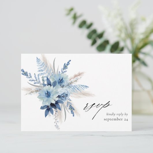 Dusty Blue Boho Floral w Meal RSVP Card 2 Kaartje (Staand voorkant)