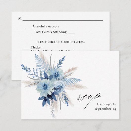 Dusty Blue Boho Floral w Meal RSVP Card 2 Kaartje (Voorkant / Achterkant)