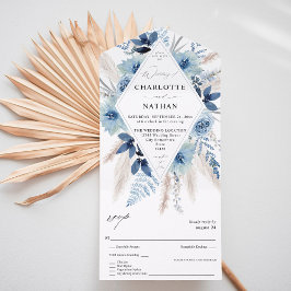 Dusty Blue Boho Floral Wedding All In One Uitnodiging