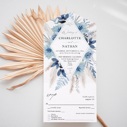 Dusty Blue Boho Floral Wedding All In One Uitnodiging