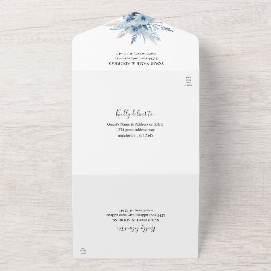 Dusty Blue Boho Floral Wedding All In One Uitnodiging (Buitenkant)