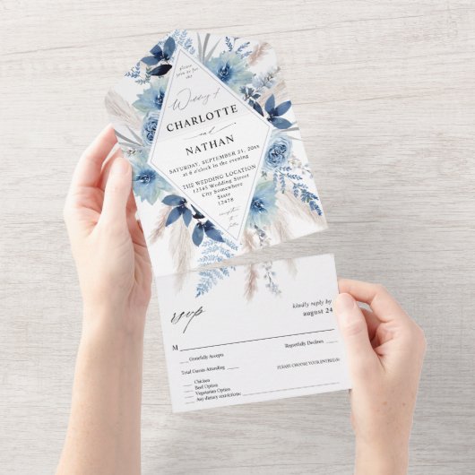 Dusty Blue Boho Floral Wedding All In One Uitnodiging (Afscheurbaar)