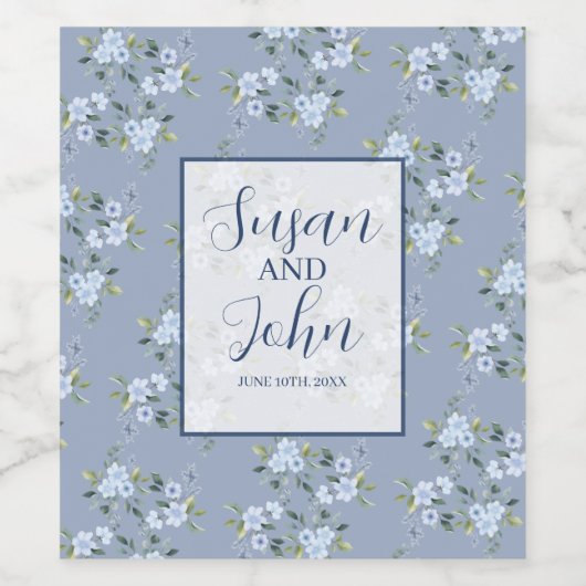 Dusty Blue Boho Floral Wedding Can Cooler Wijn Etiket (Enkel label)