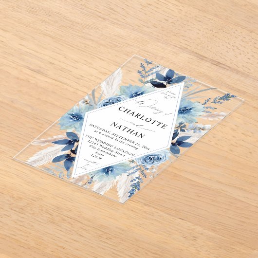 Dusty Blue Boho Floral Wedding Invitation Acryl Uitnodigingen (Laagn)