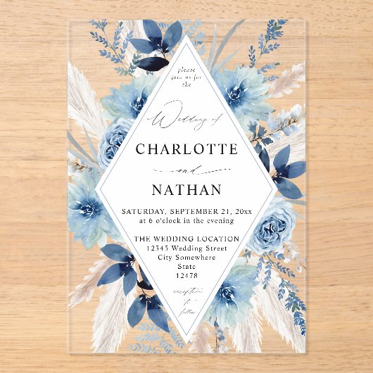 Dusty Blue Boho Floral Wedding Invitation Acryl Uitnodigingen (Voorkant)