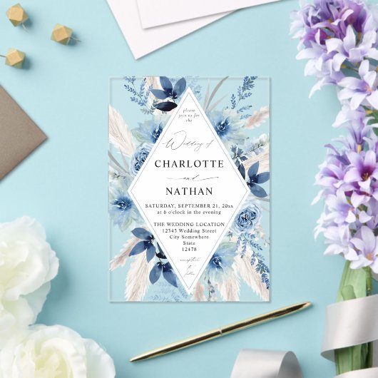 Dusty Blue Boho Floral Wedding Invitation Acryl Uitnodigingen (Insitu (Huwelijk))