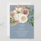 Dusty Blue Boho Floral Wedding Invitation Kaart (Voorkant)
