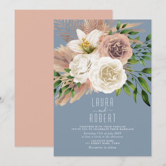 Dusty Blue Boho Floral Wedding Invitation Kaart (Voorkant / Achterkant)