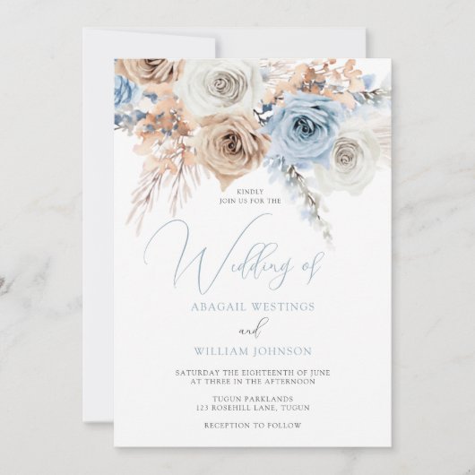 Dusty Blue Boho Floral Wedding Invitation Kaart (Voorkant)