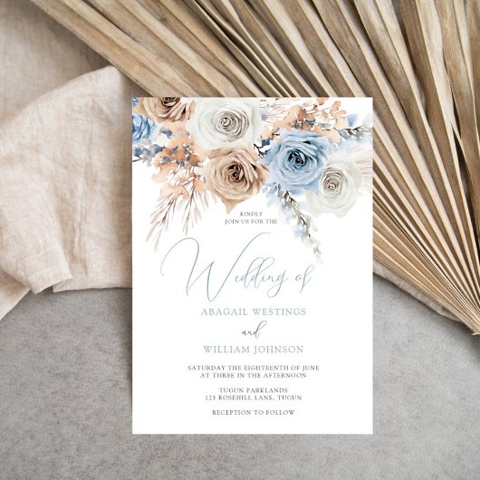 Dusty Blue Boho Floral Wedding Invitation Kaart