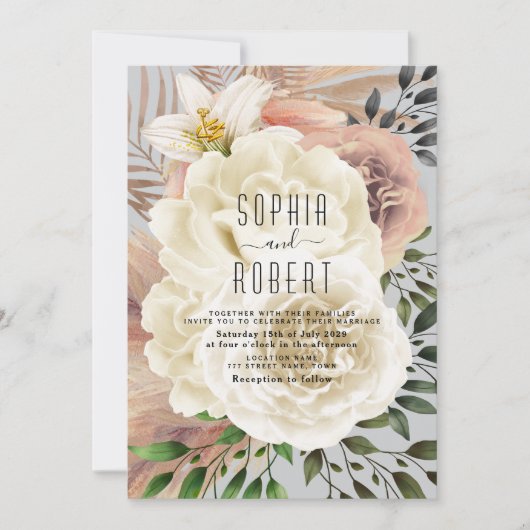 Dusty Blue Boho Floral Wedding Invitation Kaart (Voorkant)