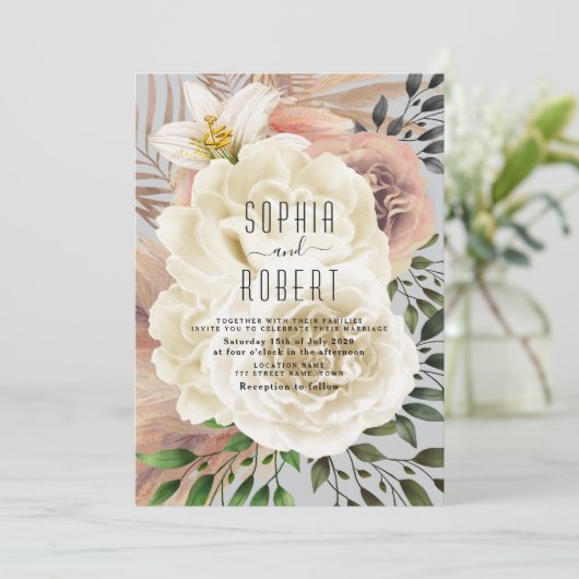 Dusty Blue Boho Floral Wedding Invitation Kaart (Staand voorkant)