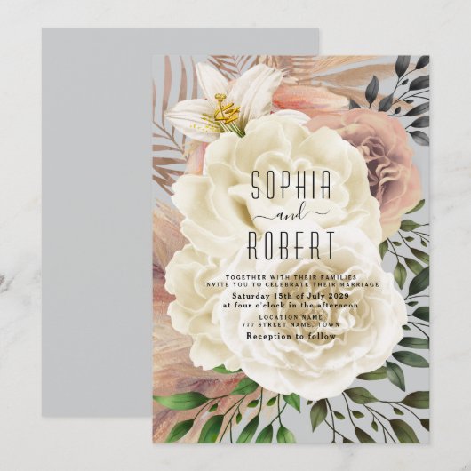 Dusty Blue Boho Floral Wedding Invitation Kaart (Voorkant / Achterkant)