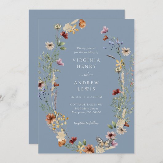 Dusty Blue Boho Floral Wedding Kaart (Voorkant / Achterkant)