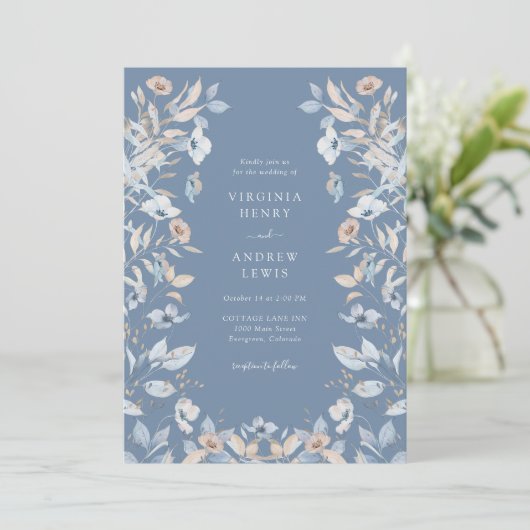 Dusty Blue Boho Floral Wedding Kaart (Staand voorkant)