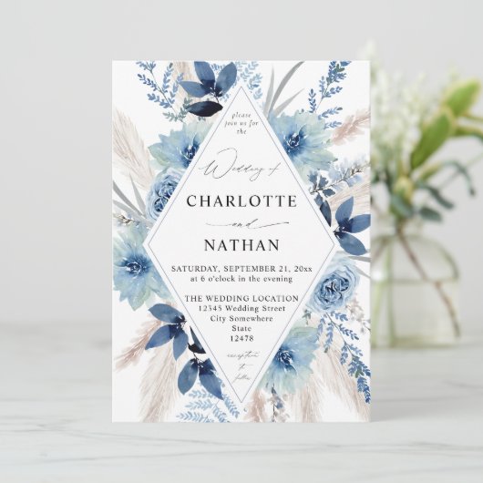 Dusty Blue Boho Floral Wedding Kaart (Staand voorkant)