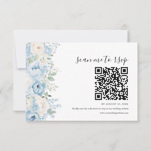 Dusty Blue Boho Floral Wedding QR Code RSVP Kaartje (Voorkant)