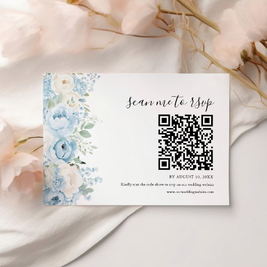 Dusty Blue Boho Floral Wedding QR Code RSVP Kaartje