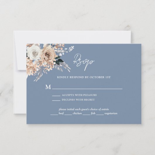 Dusty Blue Boho Floral Wedding RSVP-kaart RSVP Kaartje (Voorkant)