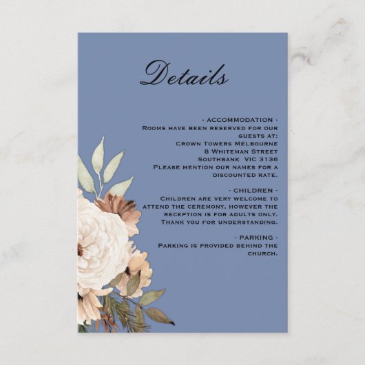 Dusty Blue Boho Flowers Weddenschap Details Informatiekaartje (Voorkant)