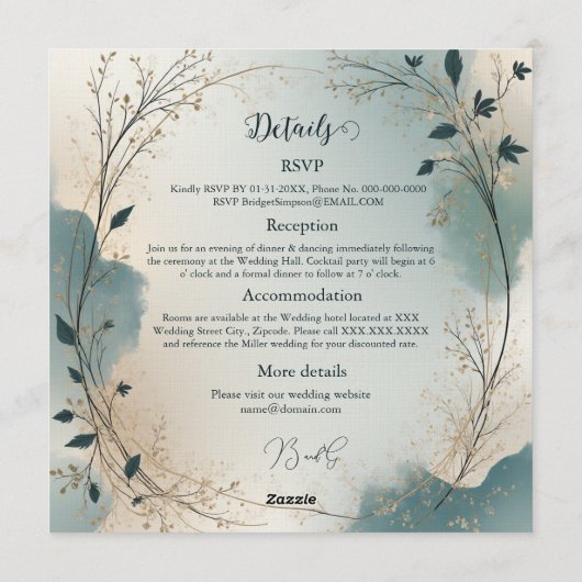 Dusty Blue Boho foliage wreath all in one wedding Kaart (Achterkant)