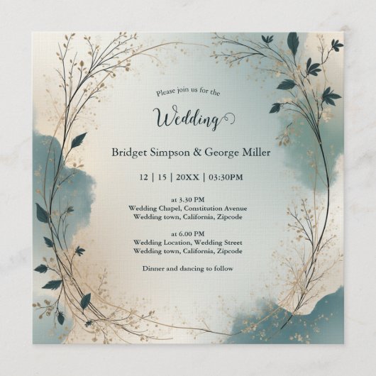 Dusty Blue Boho foliage wreath all in one wedding Kaart (Voorkant)