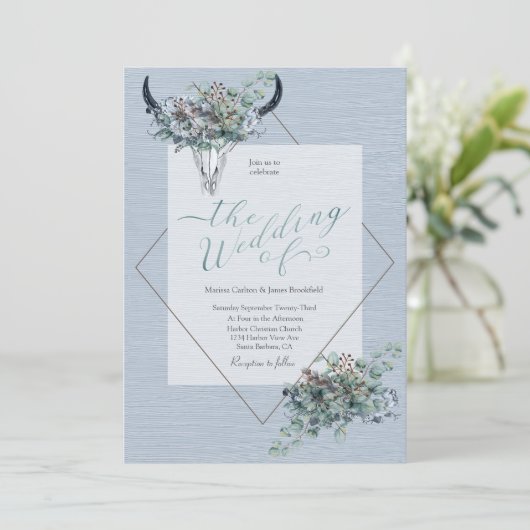 Dusty Blue Boho Koe Schedel Floral Waterverf Kaart (Staand voorkant)